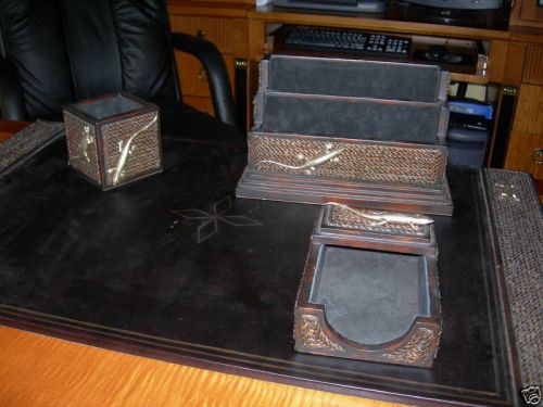 Maitland smith black suede abaca rope lizard desk set for sale