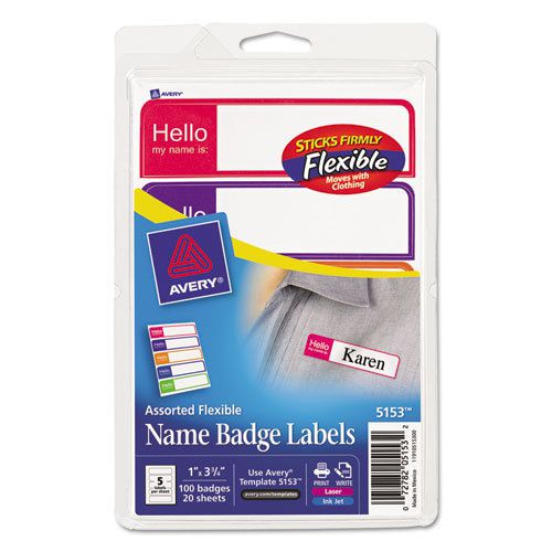Printable flexible name badge labels, 1 x 3-3/4, &#034;hello&#034;, bright asst., 100/pack for sale