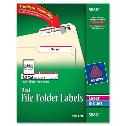 Avery Filing Label -0.66&#034;Wx3.43&#034;L - 1500 / Box - Laser, Inkjet - Red