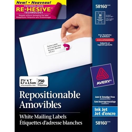 Avery Repositionable Mailing Label - 2.63&#034; Width x 1&#034; L - Inkjet - White