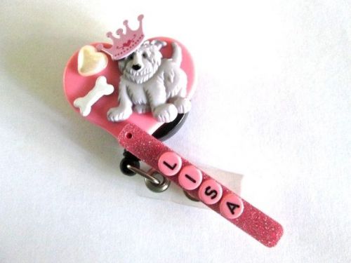 DOGGY WITH CROWN ID BADGE REEL HOLDER PERSONALIZED,OFFICE,SCHOOL,NURSE,PEDIATRIC