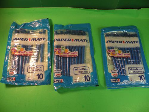 30 Papermate Write Bros Capped Ball Point Pens Med blue ~3 Packs of 10   T1