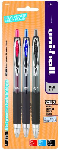 3 Pack Uni-Ball 207 Gel Pens, Assorted Colors, Medium Point, Free Shipping