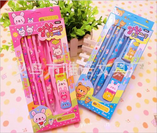 Kids 5Pcs Cute Cartoon Eraser Pencil Automatic pencil Leads Set Gift Send Random