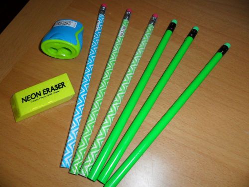 Set of 5 bright neon green pencils w eraser bar wrapped &amp; sharpener school desk