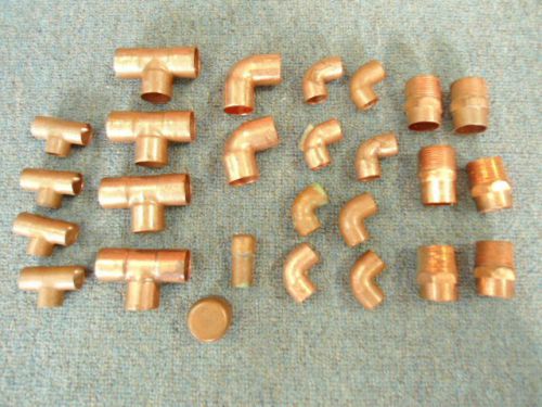Lot of 26 copper pipe fittings ~ elbows &amp; t&#039;s plumbing for sale