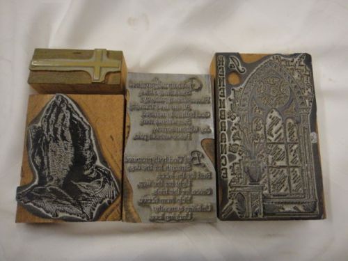 J )  vintage metal/ wood printing press dies 4 lg. religious