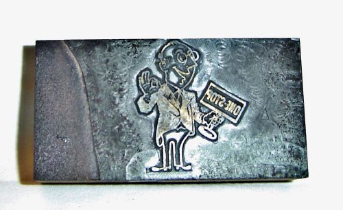 One stop - man holding sign - 1950&#039;s - newsprint typeset printers block for sale