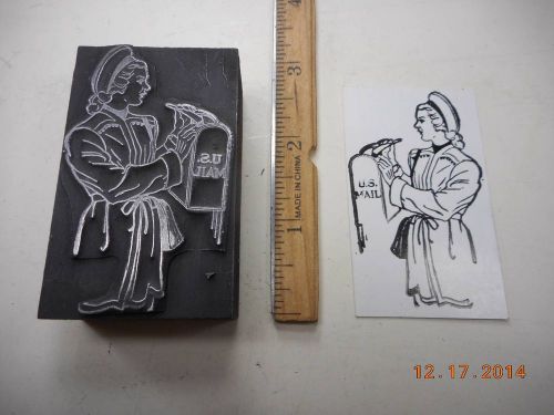 Letterpress Printing Printers Block, Woman mailing Letter in US Mail Box