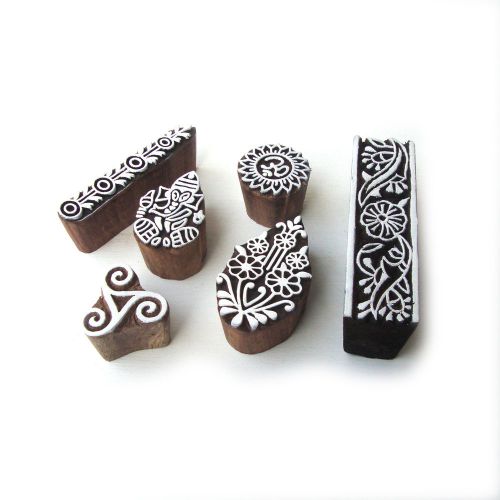 Mix Hand Carved OM Sign &amp; Floral Designs Wooden Printing Blocks (Set of 6)