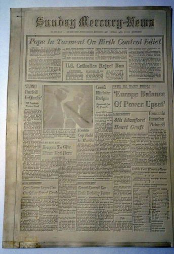 Sept 1,1968 Printing Plate Pope Birth Control Iran Quake Mercury News San Jose