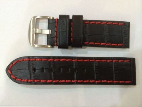 Watch Leather strap 24mm X 24mm Black with Red stitches mint in Condition