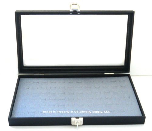 Key Lock Locking Glass Top Lid 72 Ring Grey Jewelry Display Box Storage Case
