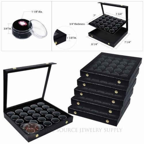 (6) black 25 gem jar inserts w/ snap acrylic display cases gemstone jewelry for sale