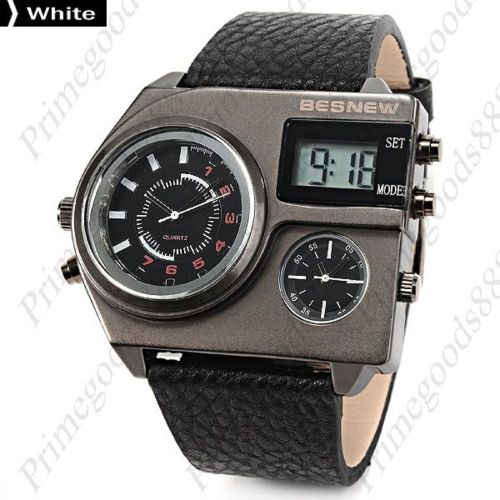 3 Time Zone Digital Quartz Analog Leather Men&#039;s Wristwatch Free Shipping White