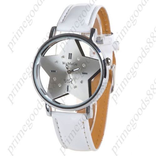 Star Round Synthetic Leather Wrist Quartz Lady Ladies Wristwatch Women&#039;s White