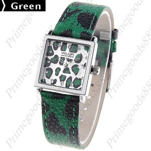 Square Panther Wrist Leather Analog Lady Ladies Quartz Wristwatch Women&#039;s Green