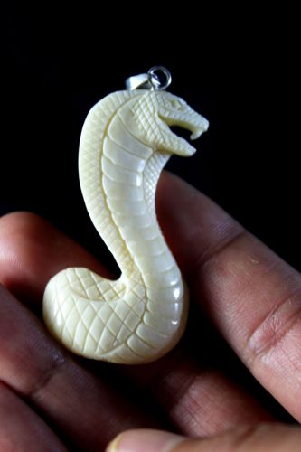 Bone Carving Pendant Cobra Snake Hand Carving Jewerly w 925 Silver Bail
