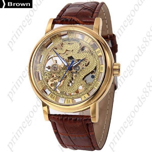Chinese Dragon PU Leather Strap Mechanical Wrist Men&#039;s Wristwatch Gold Brown