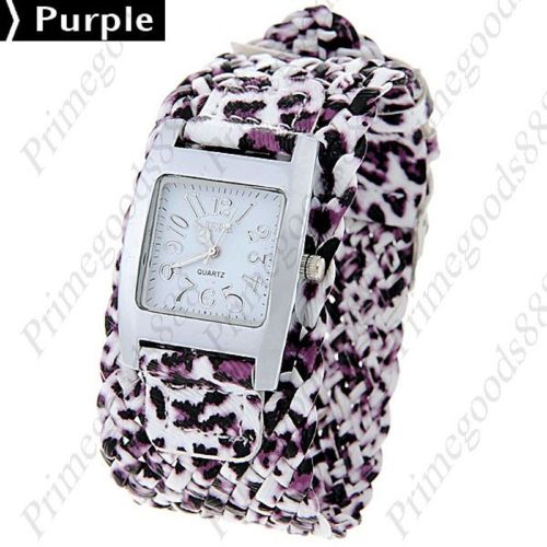 Leopard Wide Square Twin PU Leather Quartz Lady Ladies Wristwatch Women&#039;s Purple