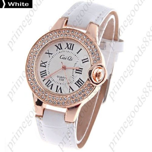 Pu leather round rhinestones analog quartz wrist wristwatch women&#039;s white for sale