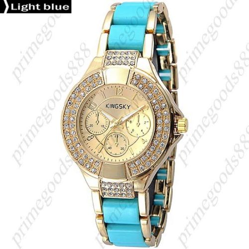 Round Rhinestones Alloy Band Analog Quartz Wrist Wristwatch Women&#039;s Light Blue