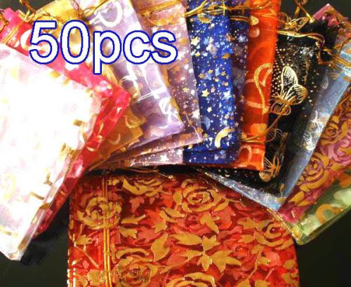 50PCS Mixed Color Pattern Drawstring Organza Wedding Gift Pouch Bags 7.8x11.8&#034; a
