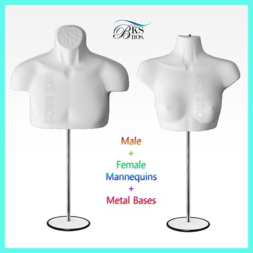2pc Mannequins Man + Women Torso (Chest Long) S-M WHITE with Metal Stand Display