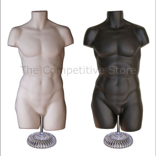 2 super male black + flesh mannequin dress forms w/ economic plastic base s-m for sale