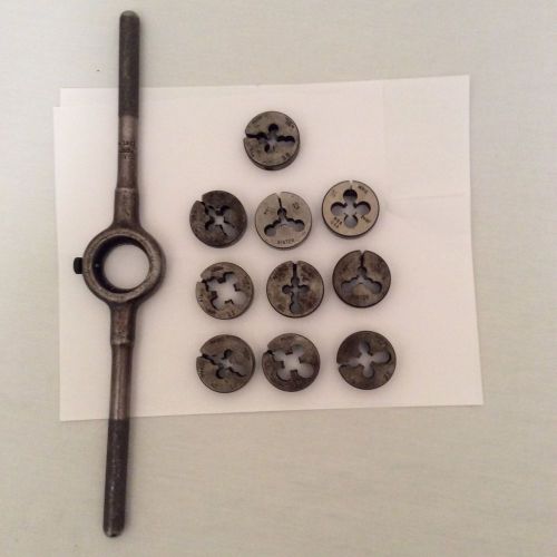 Threading dies and handle (lot of 10 dies) 1 1/2 od for sale