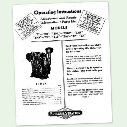 BRIGGS AND STRATTON MODEL Z ZH ZHL ENGINE OWNERS OPERATORS MANUAL MAINTENANCE BS