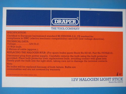 Draper 12v halogen light stick. professional quality for sale