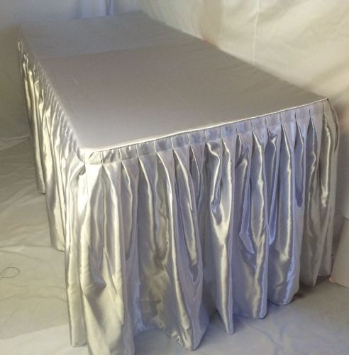 8&#039; Satin Fitted Double Pleated Table Skirting Cover w/Top Topper ANY EVENT White