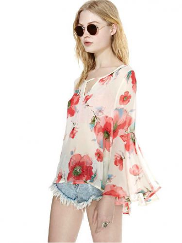 Feifei fresh perspective flower long sleeve V-shaped opening chiffon shirt back