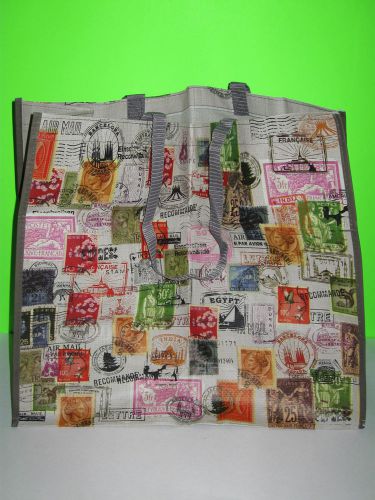 Giant 17&#034; x 20&#034; Foreign Postage Stamps Plastic Coated Shopping Bag/Tote NWOT