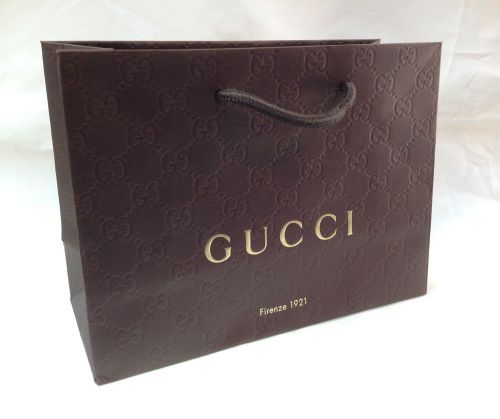 2 BROWN EMBOSSED PAPER GIFT SHOPPING BAG FROM GUCCI DESIGNER STORE NEW