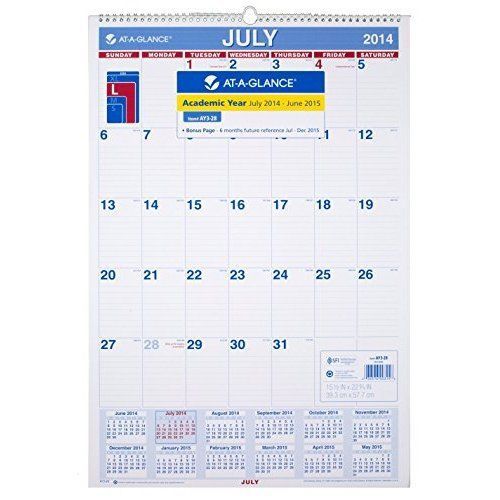 At-A-Glance 2014-2015 Academic Year Monthly Wall Calendar Wirebound EE475633