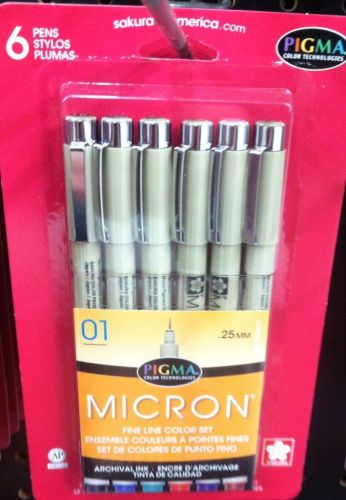 NEW Sakura 30063 6-Piece Pigma Micron Clam Assorted Colors 01 Ink Pen Set
