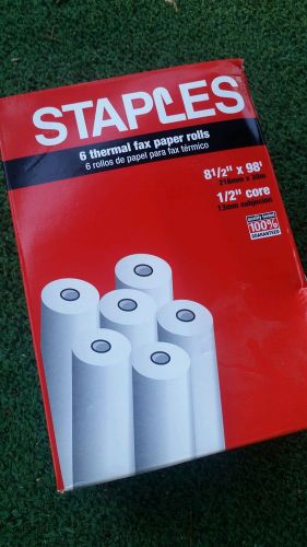 Staples 6 Thermal Fax Paper Rolls  8 1/2&#034; by 98&#039;, 1/2&#034; core. NEW!