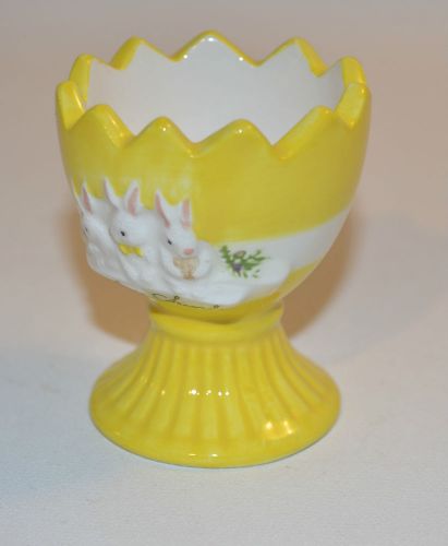 Laura Secord Egg Cup Holder Bunny Yellow White Ceramic