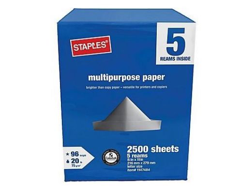 Copy Printing Paper 8 1/2&#034; x 11&#034; 5 Ream HalfCase Staples Multipurpose 2500 pages
