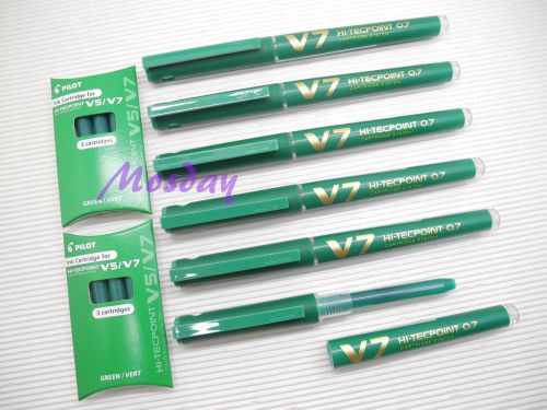 6pcs Pilot Hi-Tecpoint V7 Cartridge System RollerBall Pen+Refill 6+6, GREEN