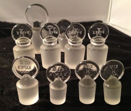 LOT 10 Lab Glass  Solid &amp; Hollow STOPPERS Pyrex/Kimax PENNYHEAD Sz 13.16. 22.