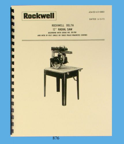 Rockwell / delta 12&#034; radial arm saw operator and parts list manual  * 876 for sale