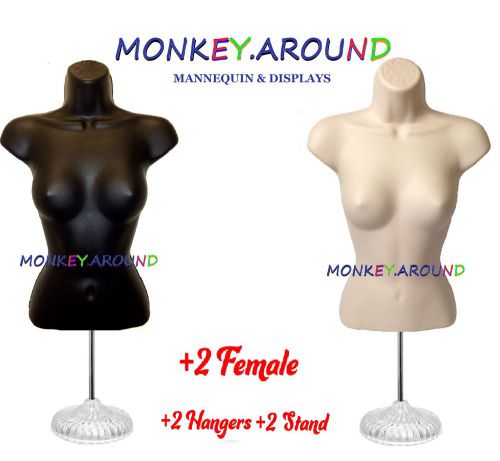 2 Female Mannequin Flesh Black Torso Form Display Shirt Dress +2 Hanger 2 Stands