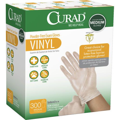 Curad Powder-Free Vinyl Exam Gloves, Medium, 300 ct (CUR9225)