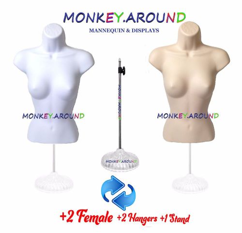 2 female mannequin dress torso body forms white,flesh +2 hanger 1 stand display for sale