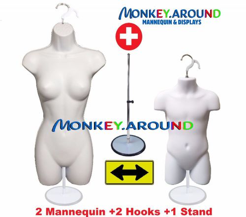 2 mannequin white body form female &amp; child +2 hook +1 stand, display women dress for sale