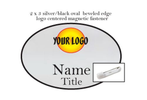 1 OVAL SILVER / BLACK NAME BADGE FULL COLOR LOGO 2 LINES OF PRINT PIN FASTENER