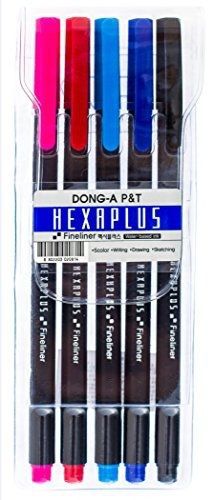 DONG-A Hexaplus Fineliner Pens 0.4mm 5 Color Set